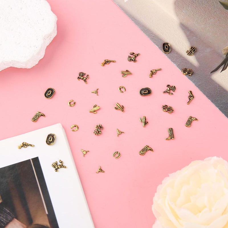 LIKEYO 32 PCS Western Nail Charms - LIKEYO Vintage Metal Alloy Cowboy Nail Charms, 3D Gold Cowgirl Western Art Decals, DIY Cowboy Bull Head Manicure Art Decoration Stickers for Women - Image 3